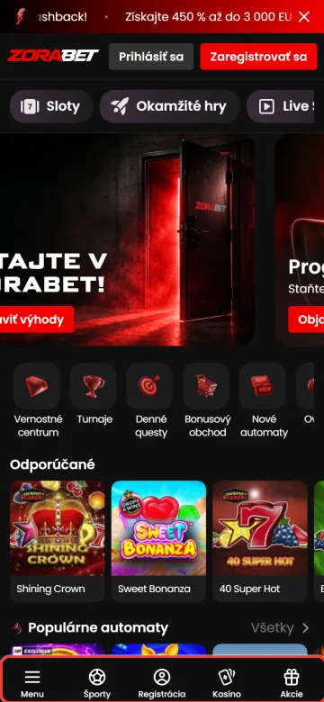 Spodný panel Zorabet aplikácie pre Android a iPhone
