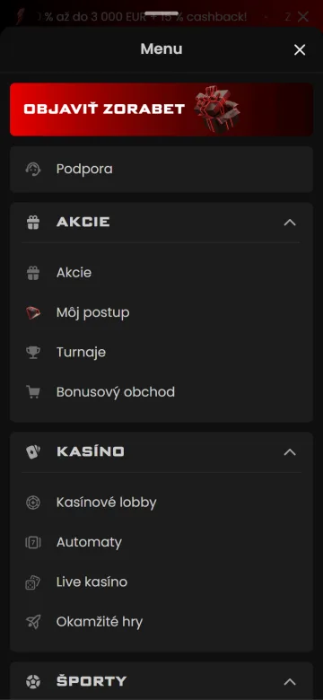 Menu webovej aplikácie Zorabet