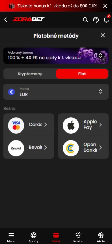 Pokladňa v Zorabet app, záložky Fiat a Kryptomeny