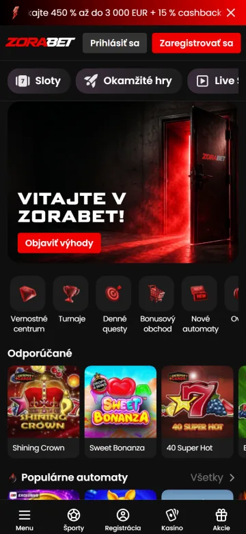 Zorabet app, úvodná obrazovka na mobile