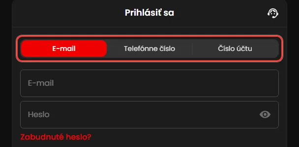 Záložky E-mail, Telefónne číslo a Číslo účtu, Zorabet login