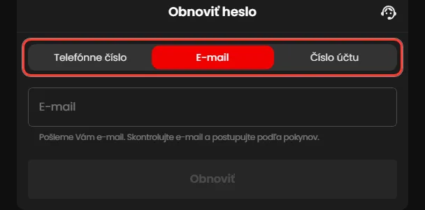 Okno Obnoviť heslo, záložka E-mail