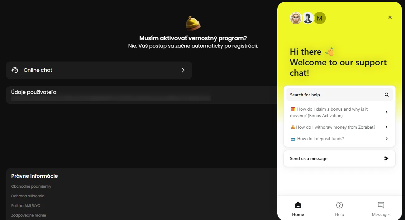 Zorabet podpora: okno online chatu po prihlásení