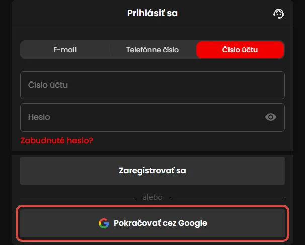 Prihlásenie do Zorabet cez číslo účtu a tlačidlo Pokračovať cez Google
