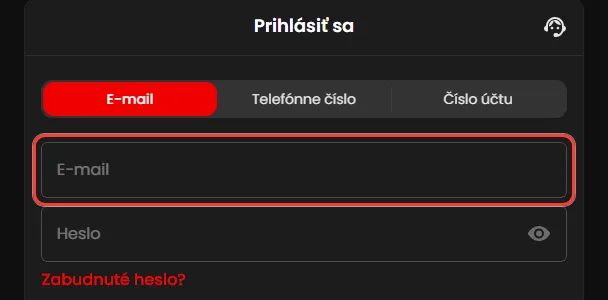 Pole E-mail vo formulári prihlásenia Zorabet