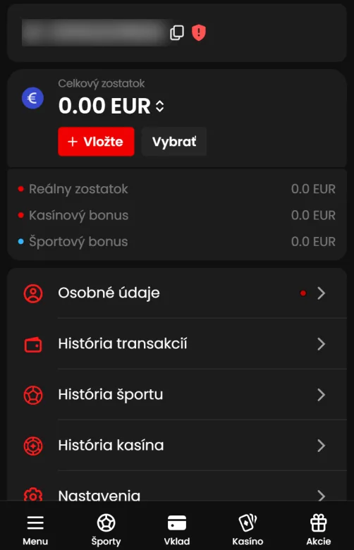 Sekcia Môj účet po prihlásení do Zorabet