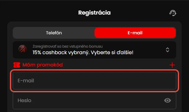 Registrácia Zorabet cez e-mail, pole E-mail