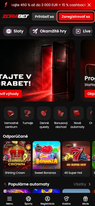Registrácia Zorabet na mobile, tlačidlo Zaregistrovať sa