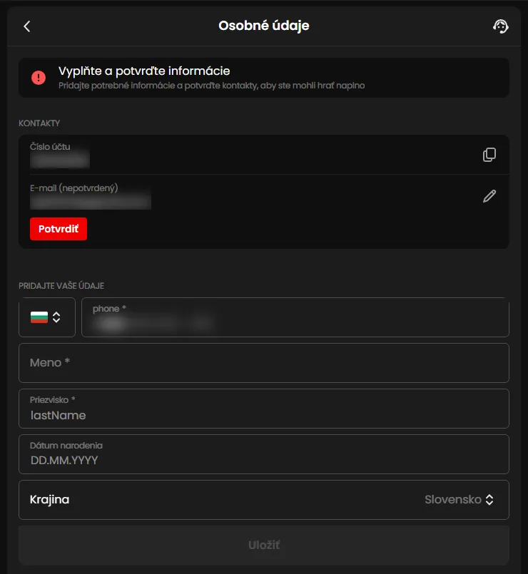 Overenie účtu Zorabet v sekcii Osobné údaje