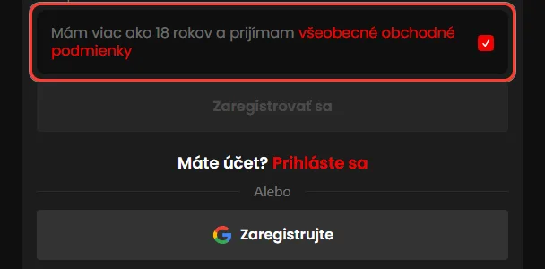 Potvrdenie veku 18+ a obchodných podmienok pri registrácii Zorabet