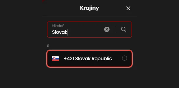 Predvoľba +421 Slovak Republic pri registrácii Zorabet