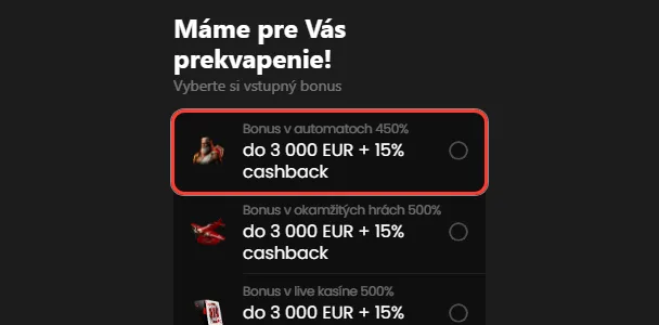 Výber vstupného bonusu pri registrácii Zorabet