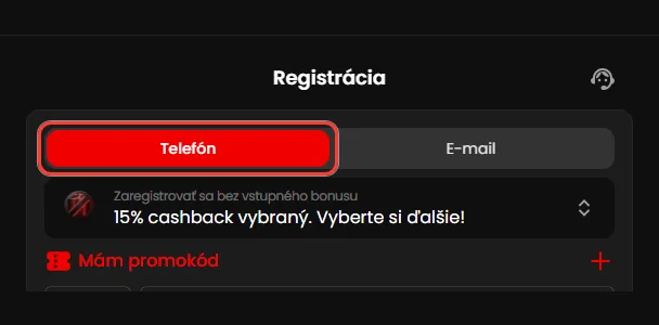 Záložky Telefón a E-mail vo formulári registrácie Zorabet