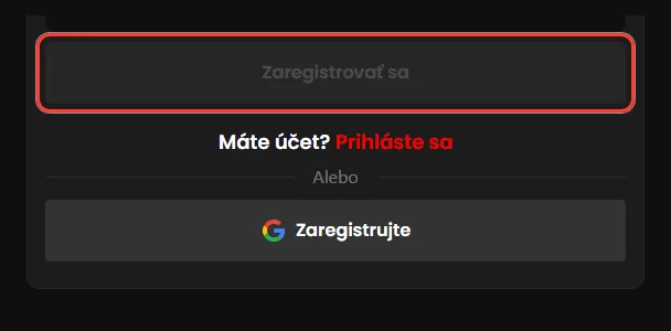 Tlačidlo Zaregistrovať sa, založiť účet Zorabet