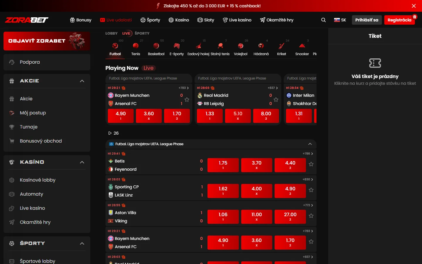 Zorabet live stávky: zápasy Playing Now s kurzami
