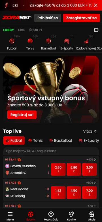 Zorabet stávky v telefóne so záložkami Lobby, Live a Šport