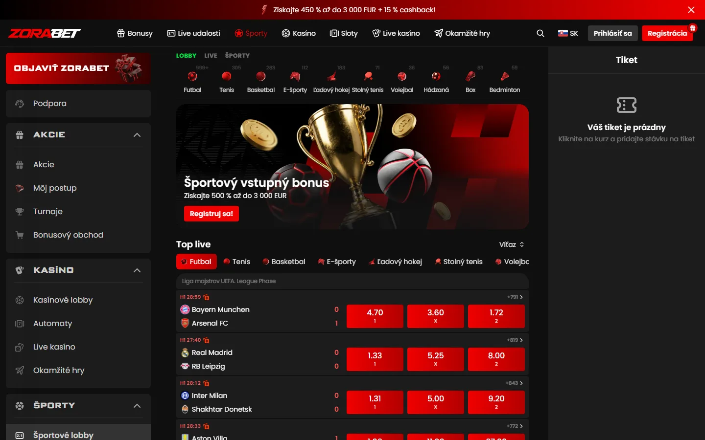 Sekcia Športy Zorabet s výberom Top live a zoznamom športov