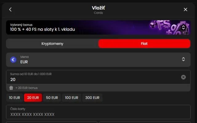 Suma vkladu od 10 do 1 000 EUR, Zorabet vklad kartou