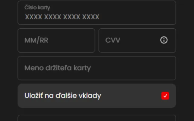 Údaje karty pri vklade Zorabet na mobile