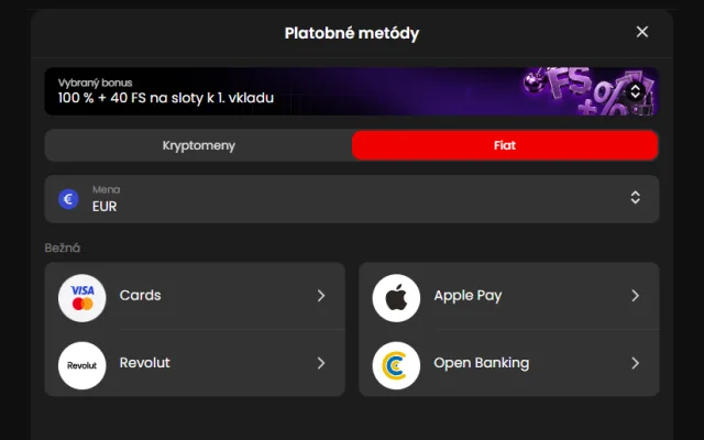 Okno Platobné metódy Zorabet, záložka Fiat a dlaždica Cards