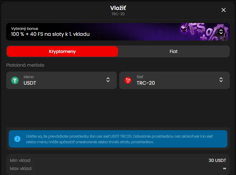 Vklad USDT cez TRC-20 v Zorabet, minimálny vklad 30 USDT