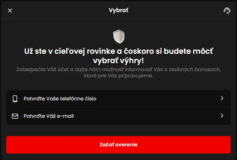 Zorabet výber, obrazovka Začať overenie