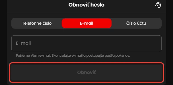 Tlačidlo Obnoviť, zabudnuté heslo Zorabet