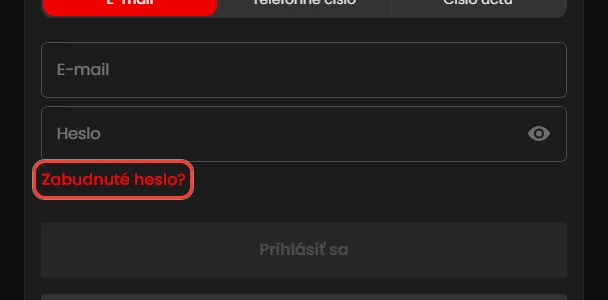 Odkaz Zabudnuté heslo? vo formulári Zorabet